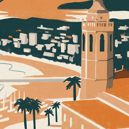 Detail of the Sitges Bay poster showing the Sant Bartomeu i Santa Tecla church and surrounding palm trees in graphic vintage colors