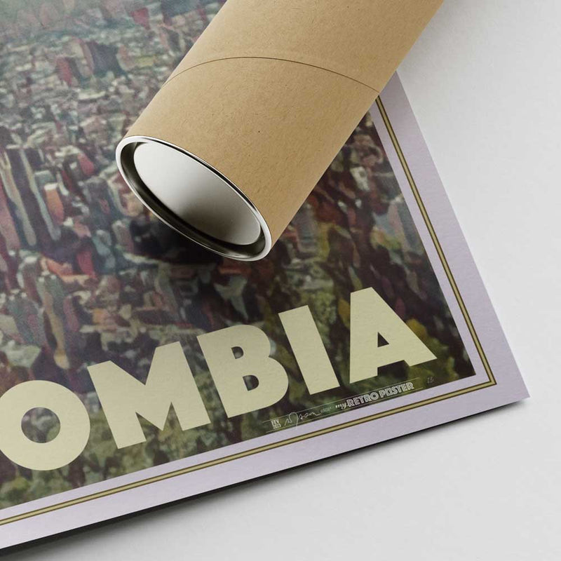 Zoom on the bottom corner of Bogota poster with Alecse’s signature and cardboard tube packaging