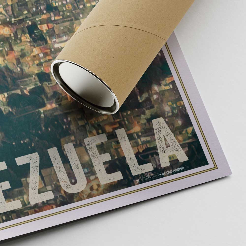 Lower right corner of the Caracas Venezuela Travel Poster with Alecse’s signature and a cardboard shipping tube