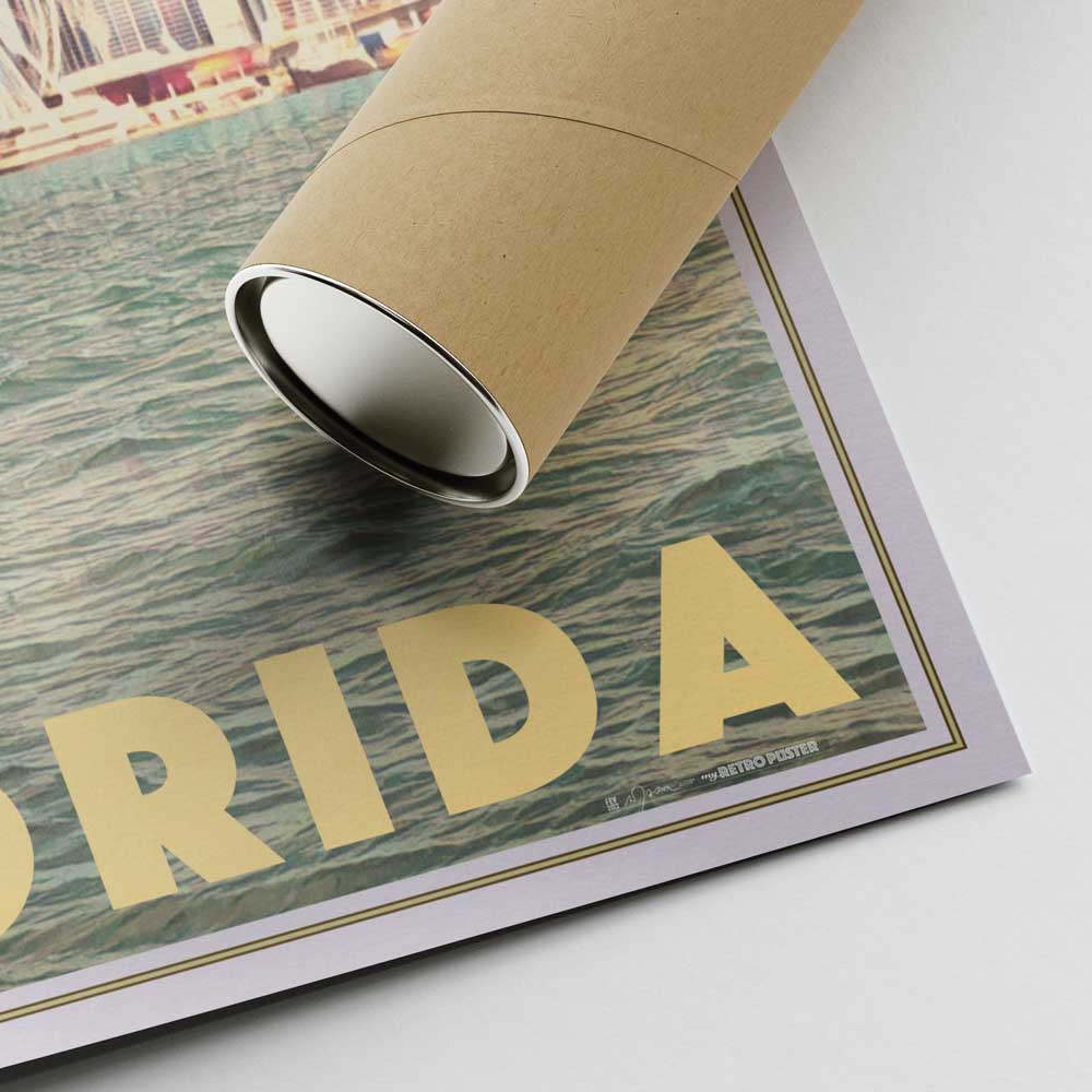 Lower right corner of Miami Dream travel poster with Alecse's signature and shipping tube