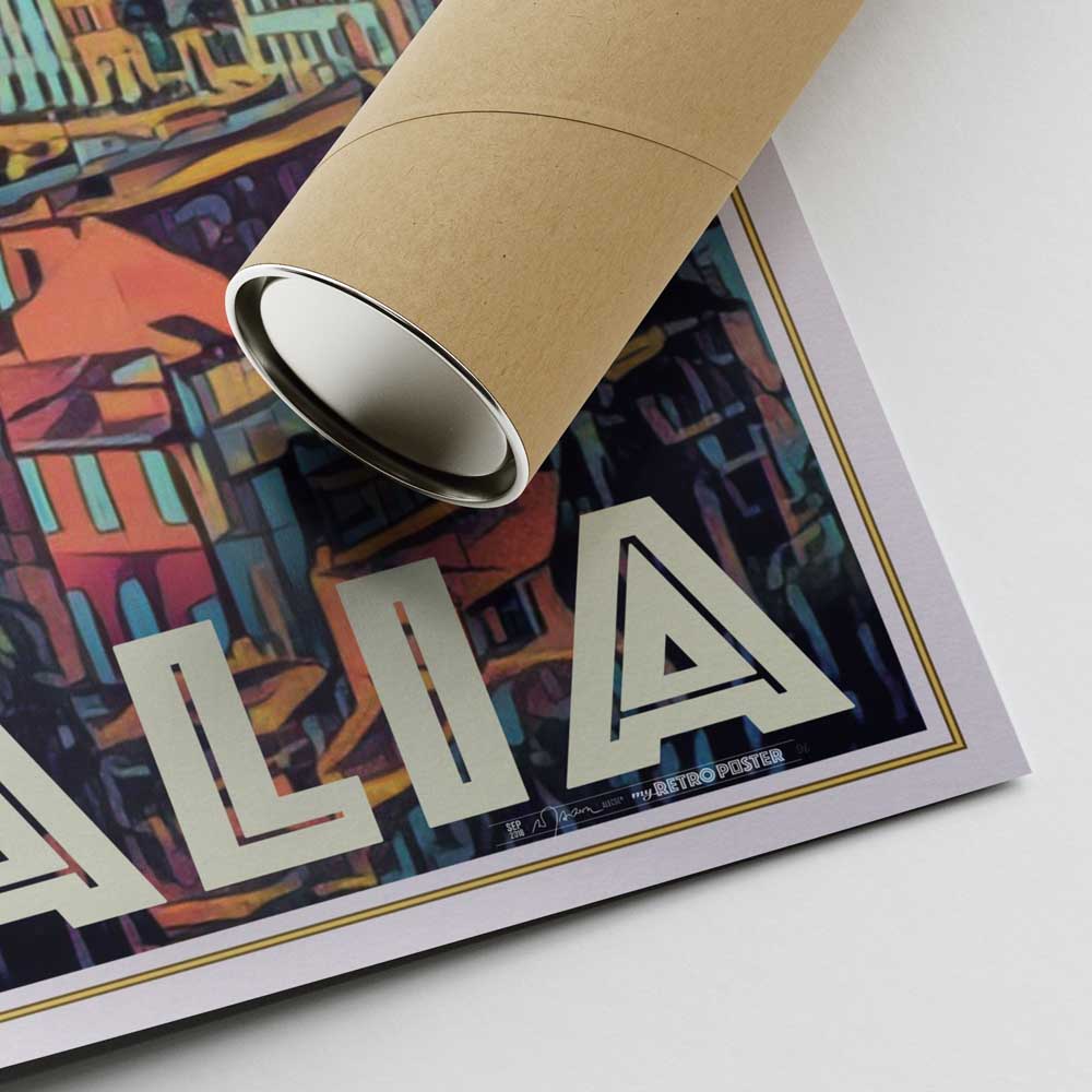 Lower right corner of Florence Italy travel poster with Alecse’s signature and a shipping tube in carton.