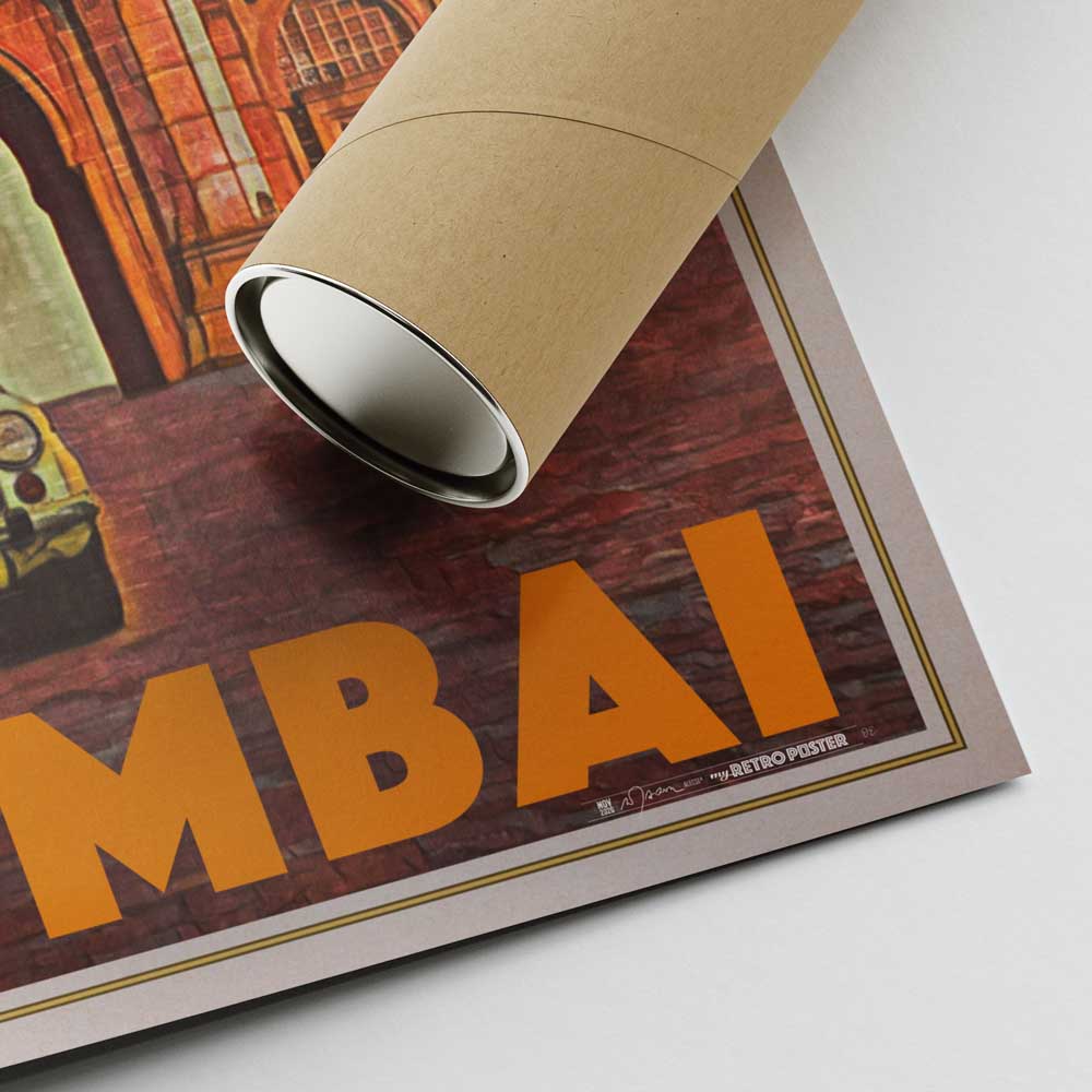 Lower right corner of the Gateway of India Mumbai Travel Poster with Alecse’s signature and a cardboard shipping tube