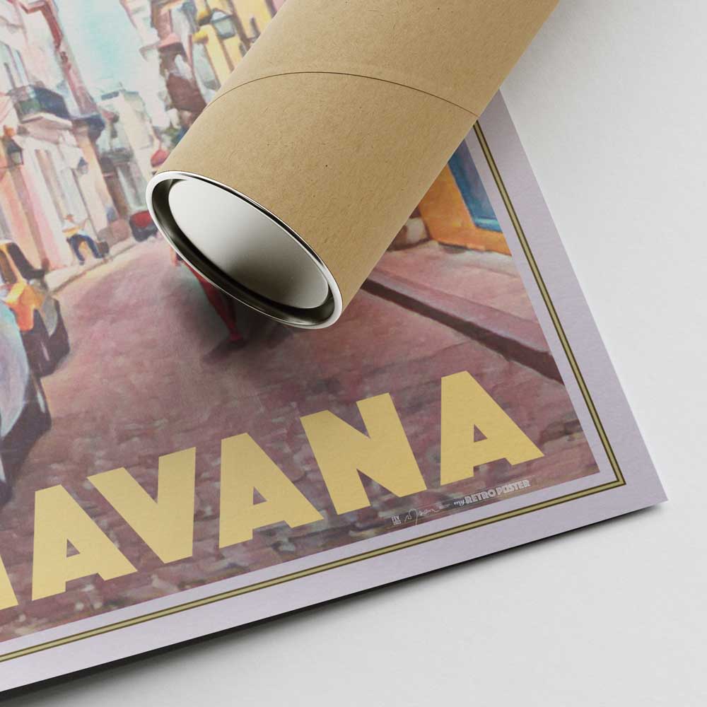 Havana Poster corner with Alecse’s signature and shipping tube in eco-friendly carton packaging