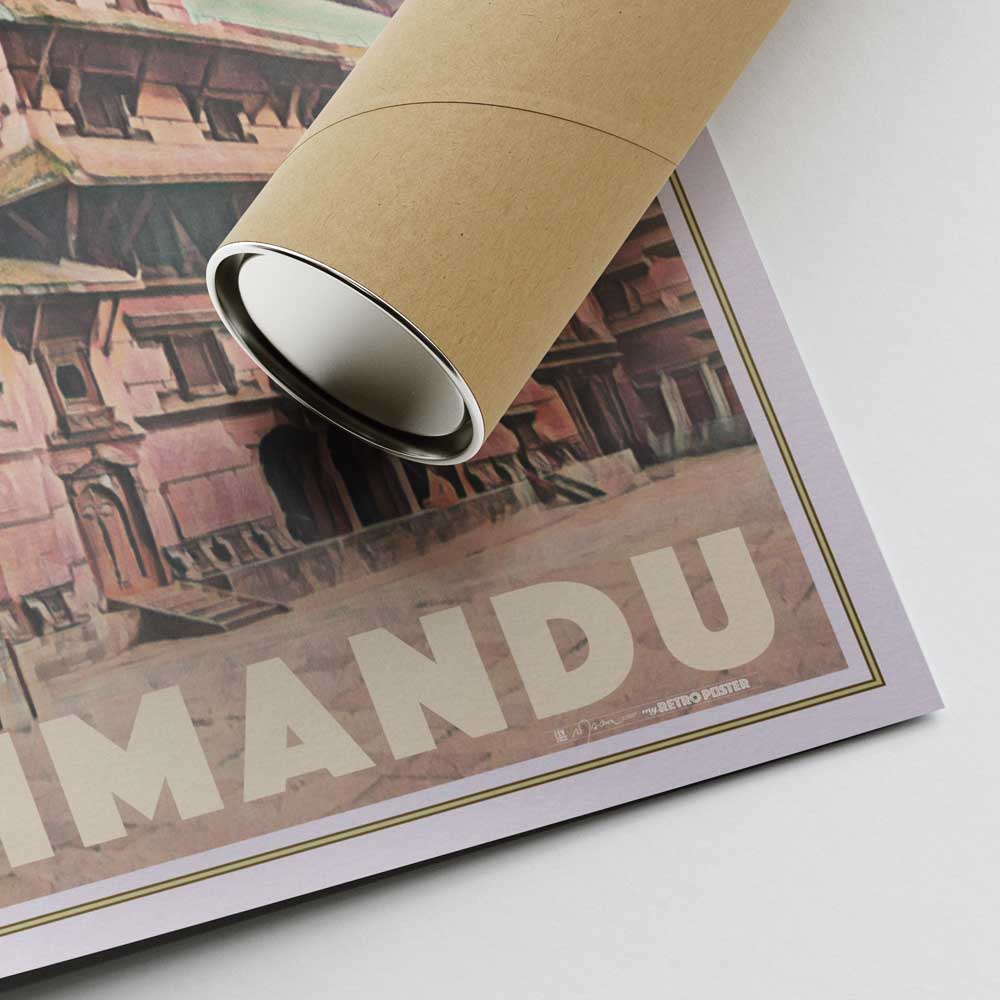 Lower right corner of Kathmandu Nepal Travel Poster with Alecse’s signature and a cardboard shipping tube.