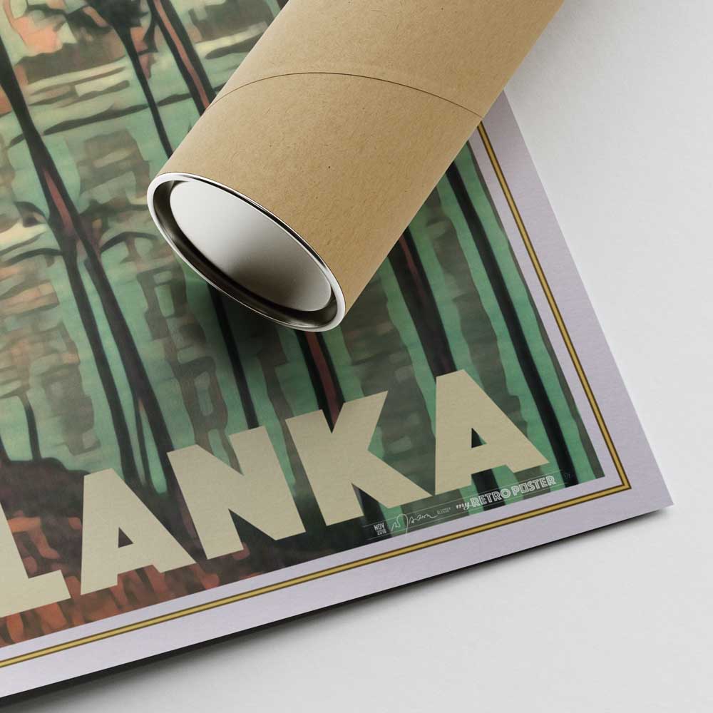 Lower right corner of Mirissa Travel Poster with Alecse's signature and a cardboard shipping tube