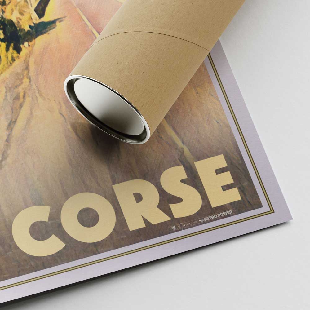 Lower right corner of Nonza Cap Corse travel poster with Alecse's signature and shipping tube