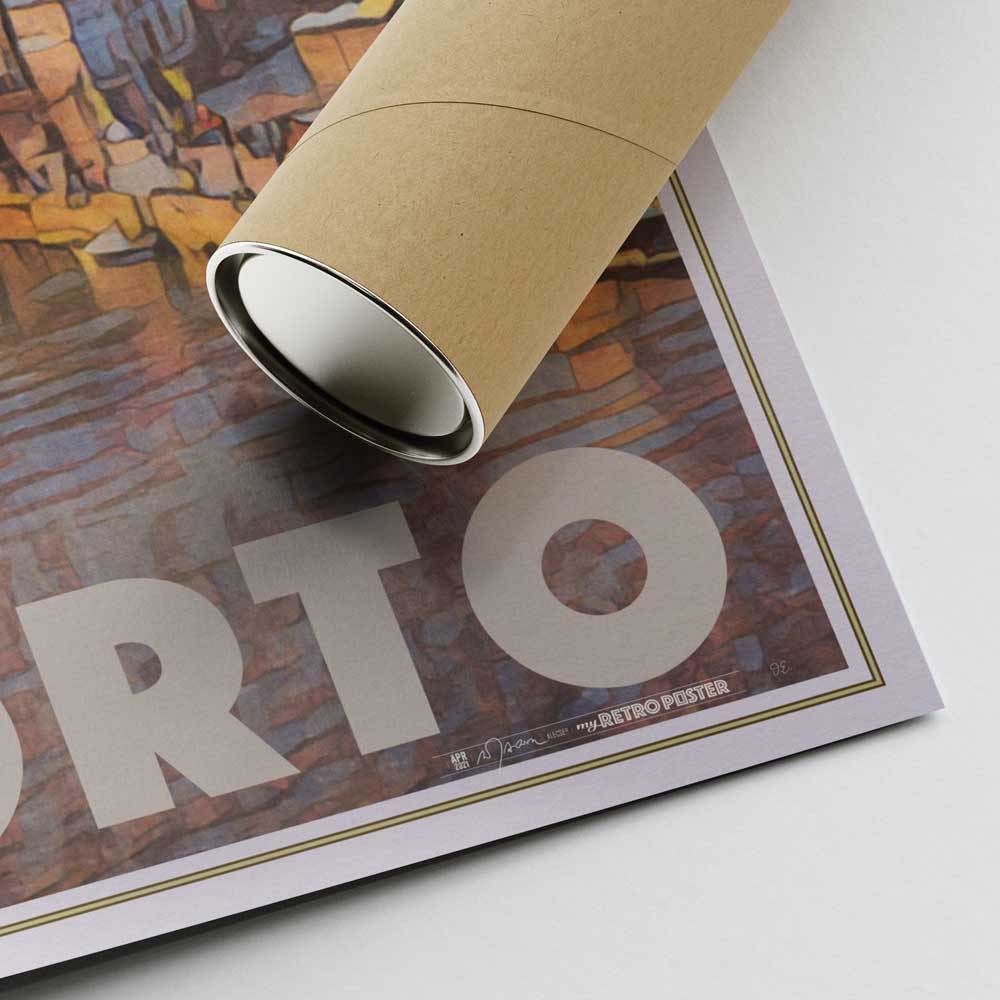 Lower right corner of Ribeira Porto travel poster with Alecse's signature and shipping tube