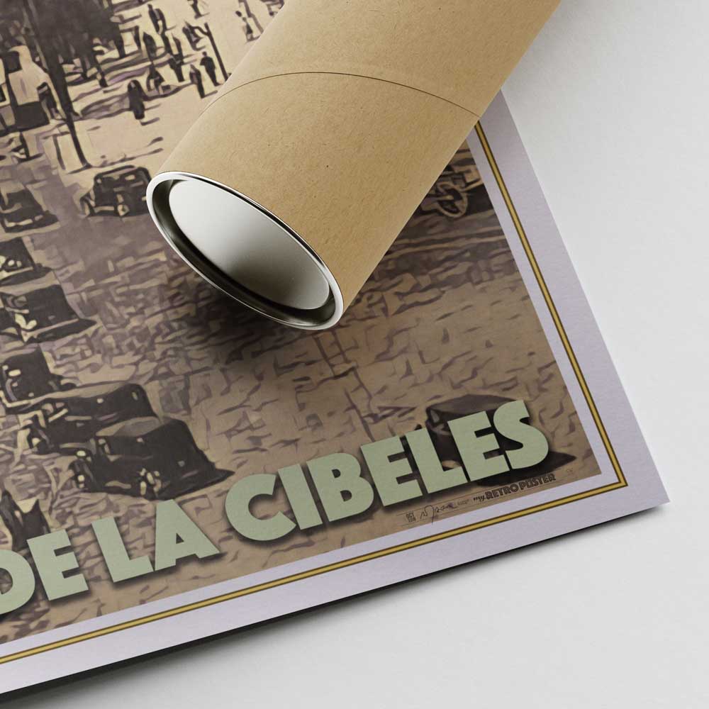 Lower right corner of Madrid Plaza de la Cibeles travel poster with Alecse's signature and shipping tube