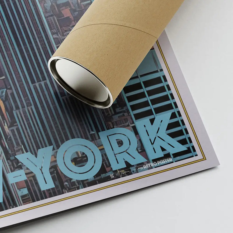 Corner of the Manhattan Panorama poster  of New York with Alecse's signature and shipping tube
