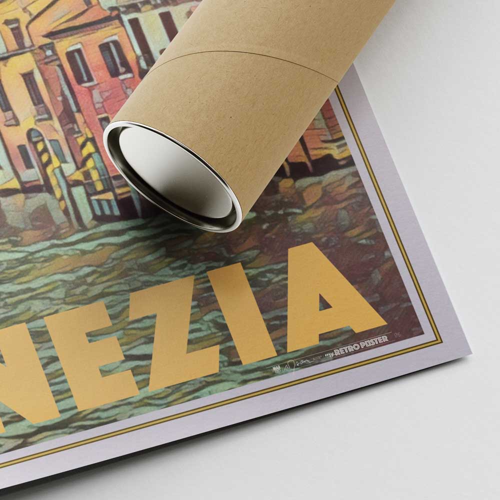 Bottom corner of the Venice Canal Grande poster featuring Alecse’s signature, accompanied by a cardboard shipping tube for secure delivery