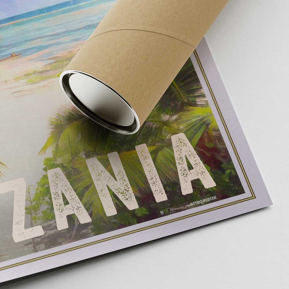 Lower right corner of the Zanzibar Beach travel poster with Alecse's signature and a shipping tube