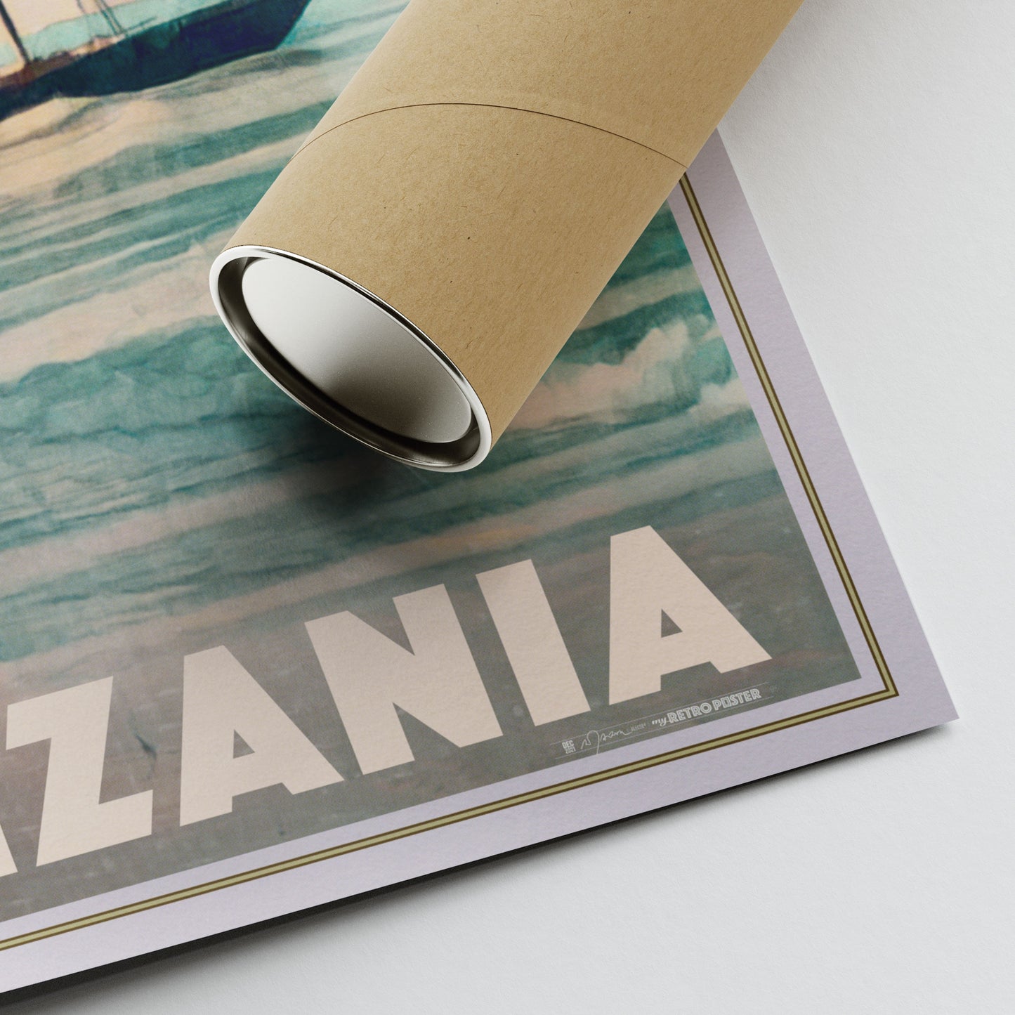 Lower right corner of the Zanzibar travel poster with Alecse's signature and a shipping tube