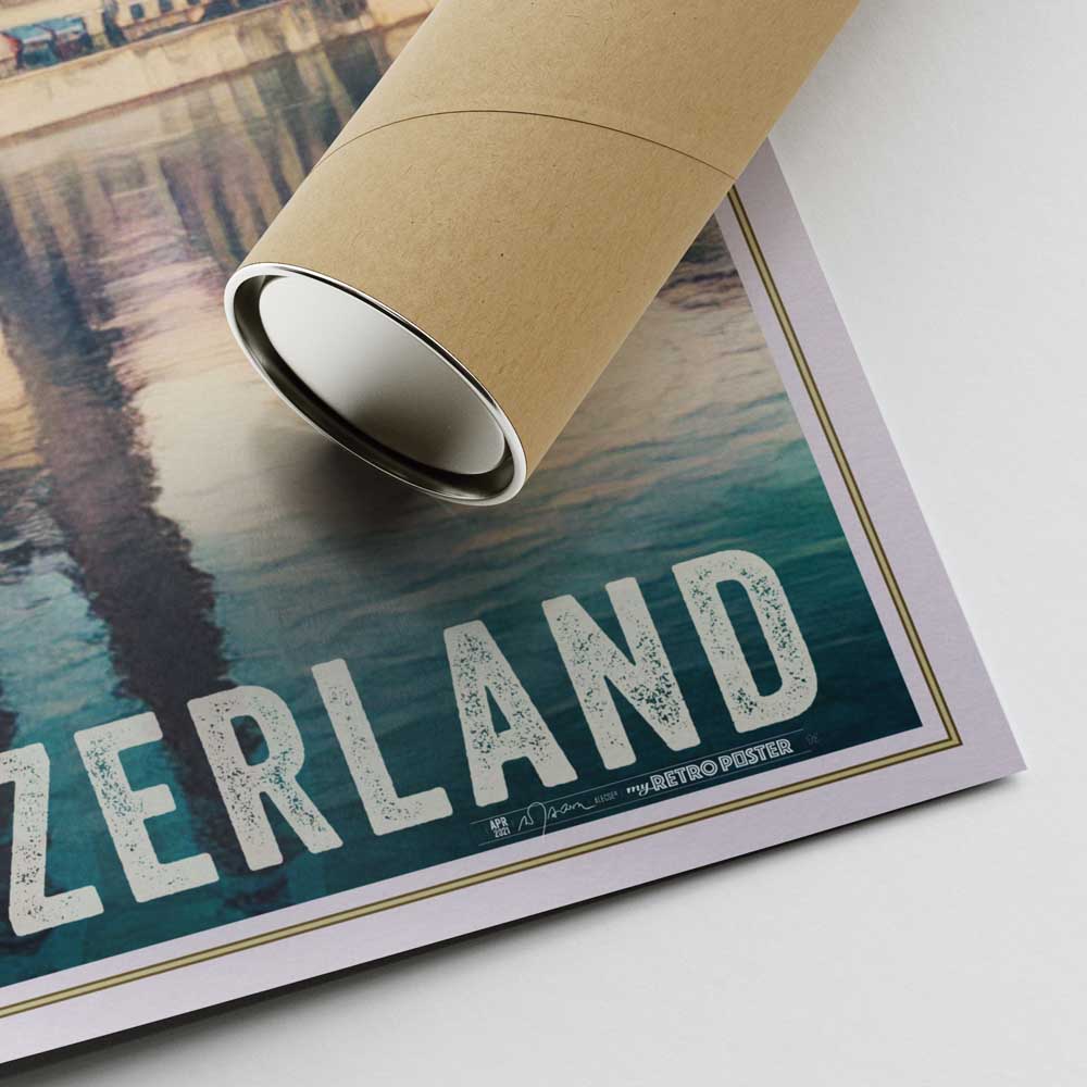 Lower right corner of Zurich travel poster with Alecse’s signature and a shipping tube in carton.