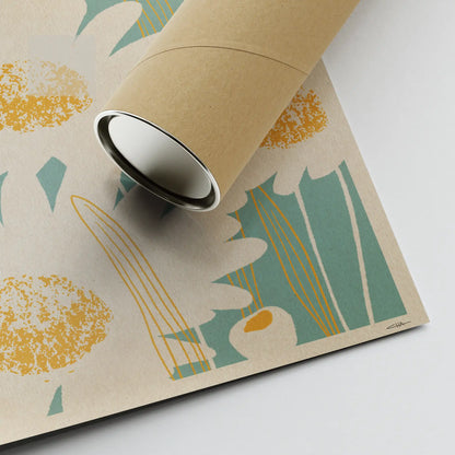 daisy poster bellis perennis close up showing artist signature and eco friendly shipping tube on textured fine art paper