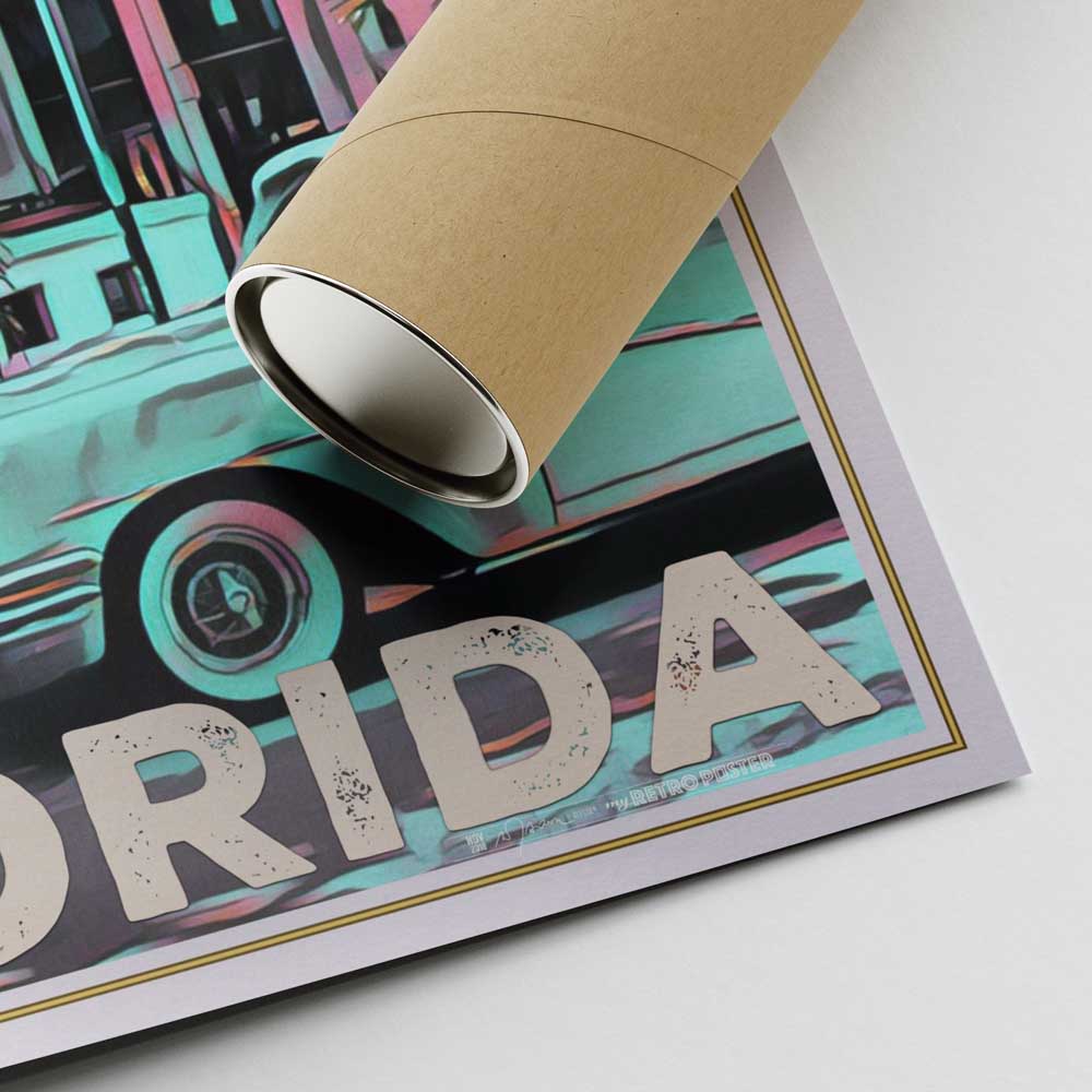 Lower right corner of Miami Avalon Poster with Alecse's signature and cardboard shipping tube