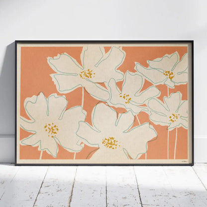 cosmos flower poster cosmos bipinnatus botanical wall art horizontal format white floral silhouettes peach background limited edition