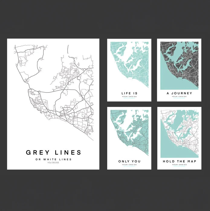 Choose between white or grey lines for your commissioned map poster art print