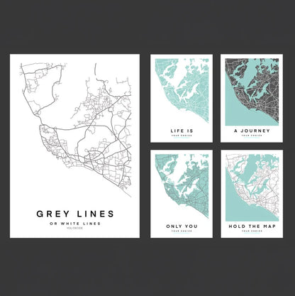 Choose between white or grey lines for your commissioned map poster art print