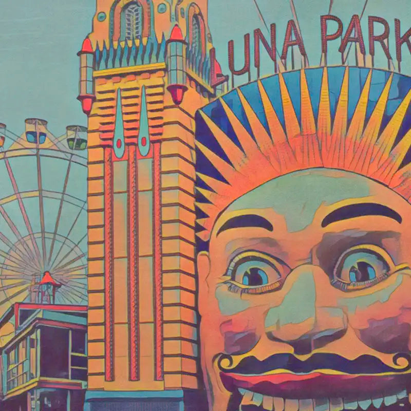 Colorful details of Alecse's illustration of the Ferris wheel and decor of Sydney's Luna Park.