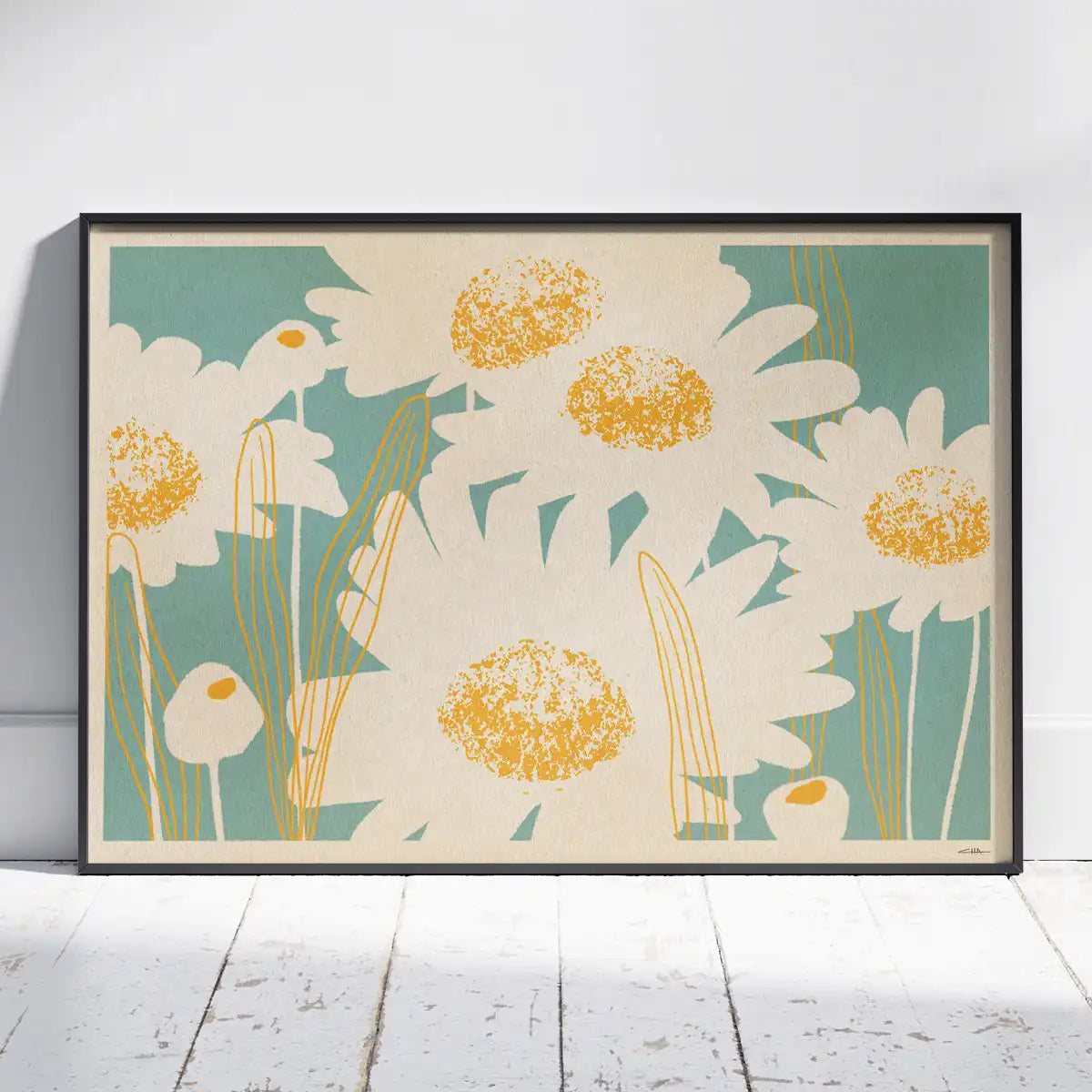 daisy flower poster bellis perennis botanical wall art horizontal format white floral silhouettes teal background yellow centers limited edition