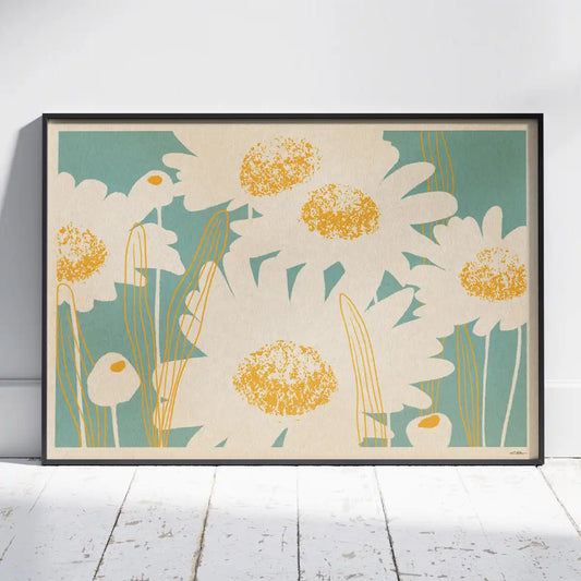 daisy flower poster bellis perennis botanical wall art horizontal format white floral silhouettes teal background yellow centers limited edition