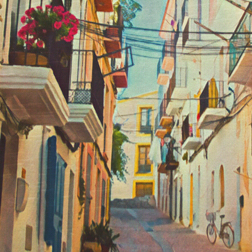 Close-up view of the Ibiza travel poster by Alecse, showcasing the soft-focus details and warm color tones