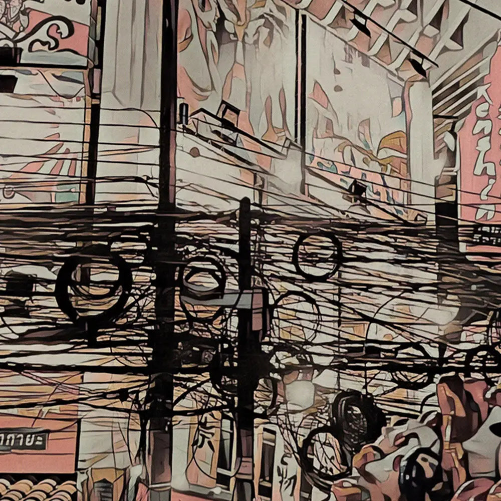 Detailed close-up of Alecse's 'City of Life' Bangkok poster, highlighting the artwork's soft focus style and urban detail