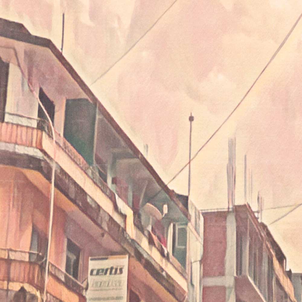 Detailed view of Alecse’s Pettah Market travel poster, highlighting the soft focus style and vibrant streets of Colombo.