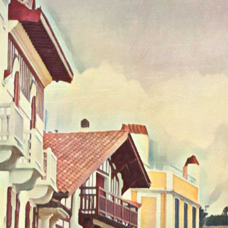 Alecse's 'Donibane Lohizune' poster, a vibrant representation of St Jean de Luz's historical architecture