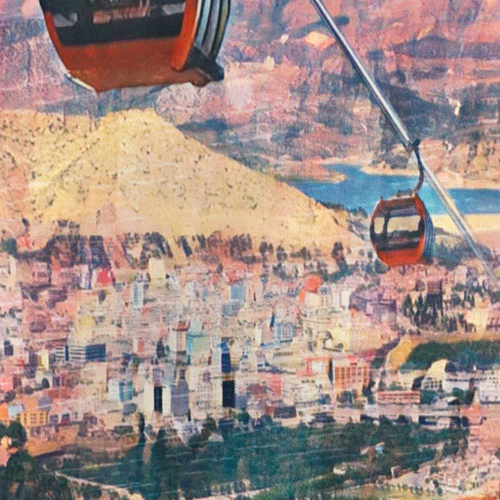 Detailed close-up of Duhok cityscape from Kurdistan vintage poster, featuring colorful rooftops and mountainous backdrop