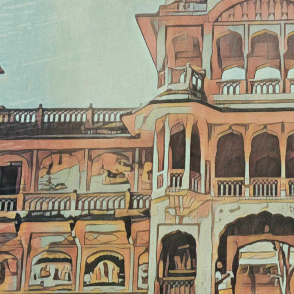 Close-up view revealing the delicate soft focus style of Alecse in the travel poster of Jaipur's historic Galta-Ji