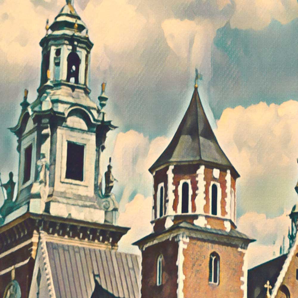 Close-up detail of Wawel Cathedral towers and domes from Kraków Poland vintage travel poster by Alecse