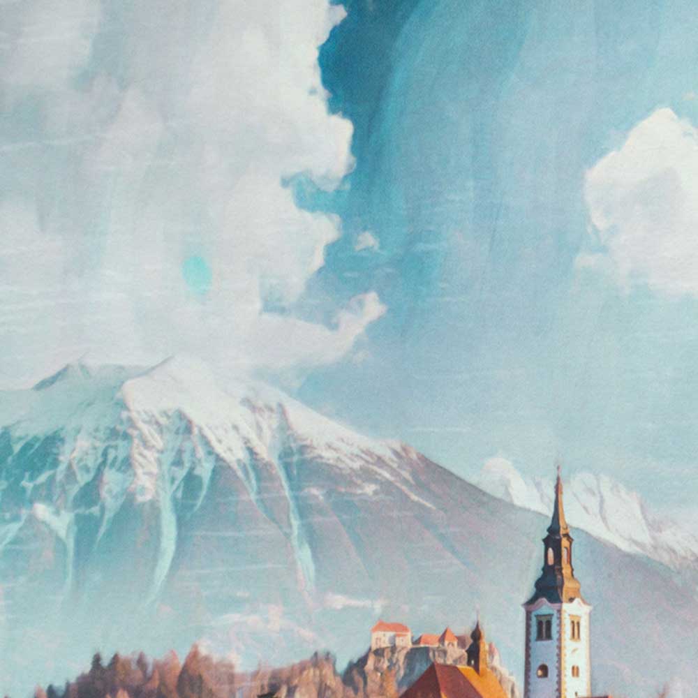 Close-Up View of Lake Bled Poster Showcasing Alecse’s Soft Focus Style and Serene Colors
