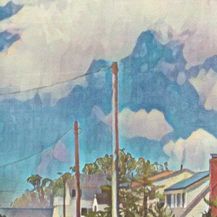 Close-up of Long Beach Island travel poster showing halftone vintage texture and soft pastel sky – nostalgic print effect