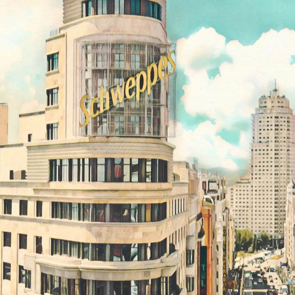Close-up of the Schweppes sign on the Carrión building in Madrid poster