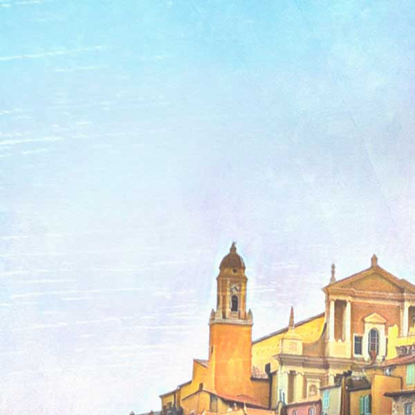 Close-up view of the Menton travel poster revealing Alecse’s soft focus style