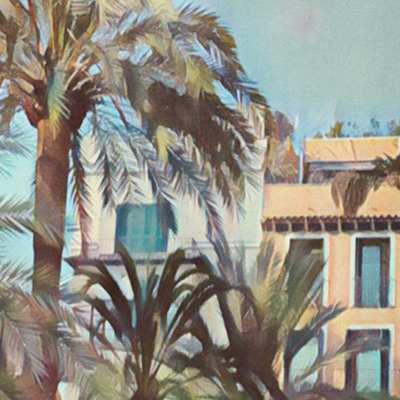 Close-up view of the Palma Mallorca Travel Poster by Alecse, revealing intricate details of the Llotja Square scene