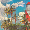 Close-up of the Quilon Kerala poster, highlighting Alecse’s soft-focus style and the intricate details of the lighthouse and surrounding greenery