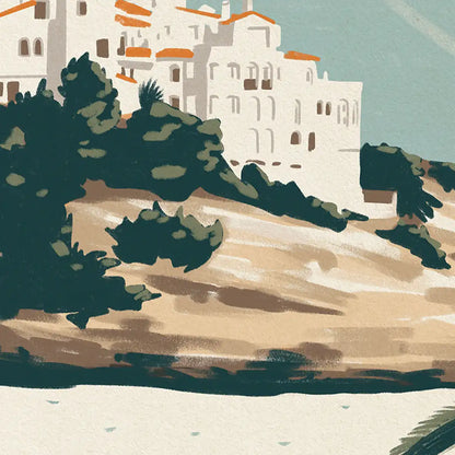 Close-up of Aiguadolç Spanish Capsule poster by Cha showing palm tree detail and soft beach tones
