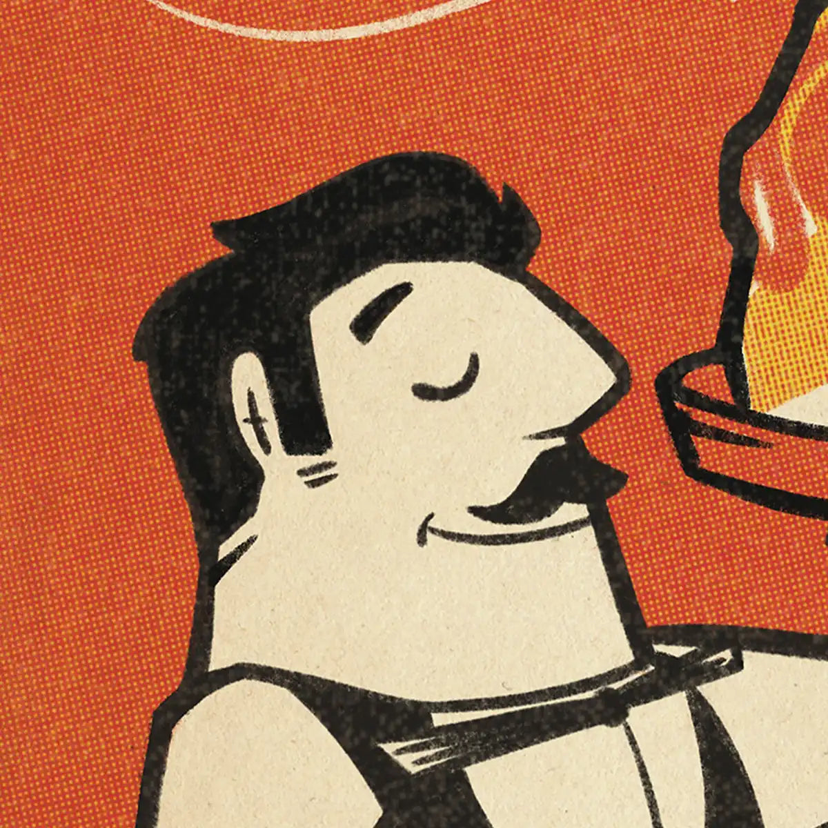 Detail of La Cantina Bravas poster from the Spanish Capsule by Cha, showing a retro-styled smiling waiter in black and orange halftone effect