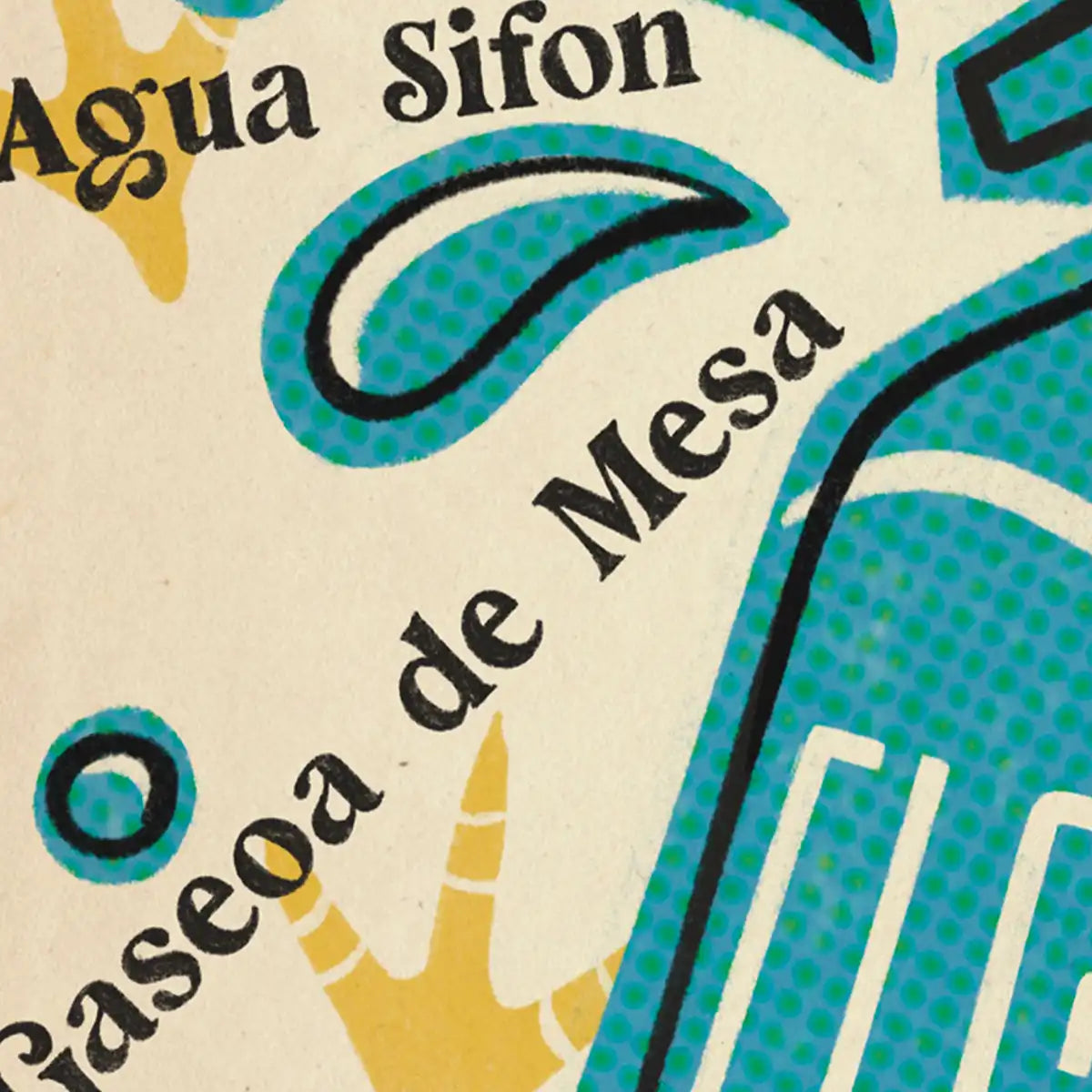 Close-up of El Gallo poster by Cha showing halftone bubbles, turquoise soda bottle and retro Spanish typography