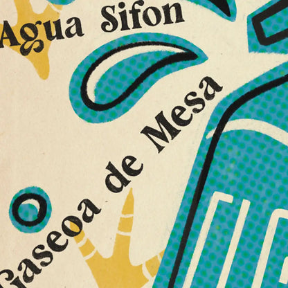 Close-up of El Gallo poster by Cha showing halftone bubbles, turquoise soda bottle and retro Spanish typography
