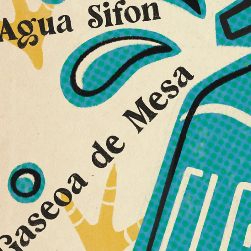 Close-up of El Gallo poster by Cha showing halftone bubbles, turquoise soda bottle and retro Spanish typography