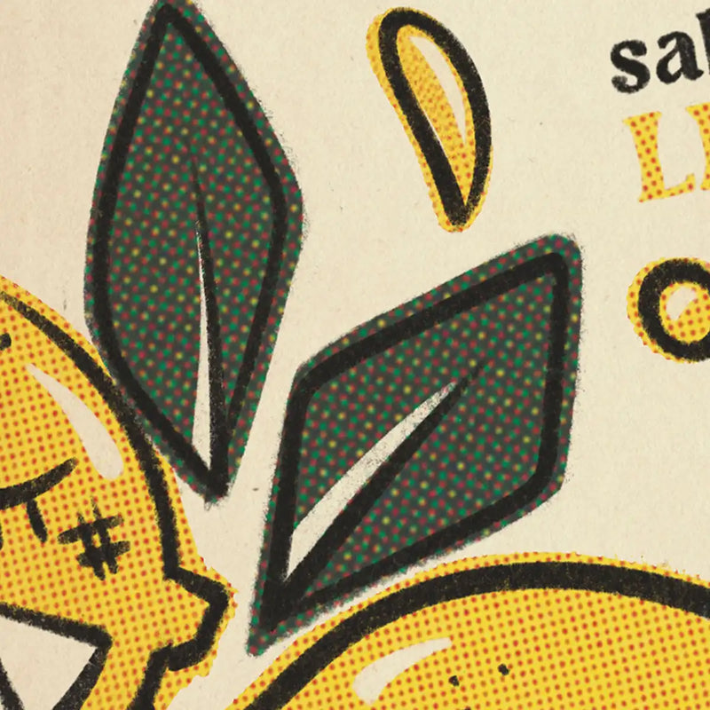 Close-up of La Gaseoa Limón poster showing halftone texture, green leaves and dotted lemon slice illustration