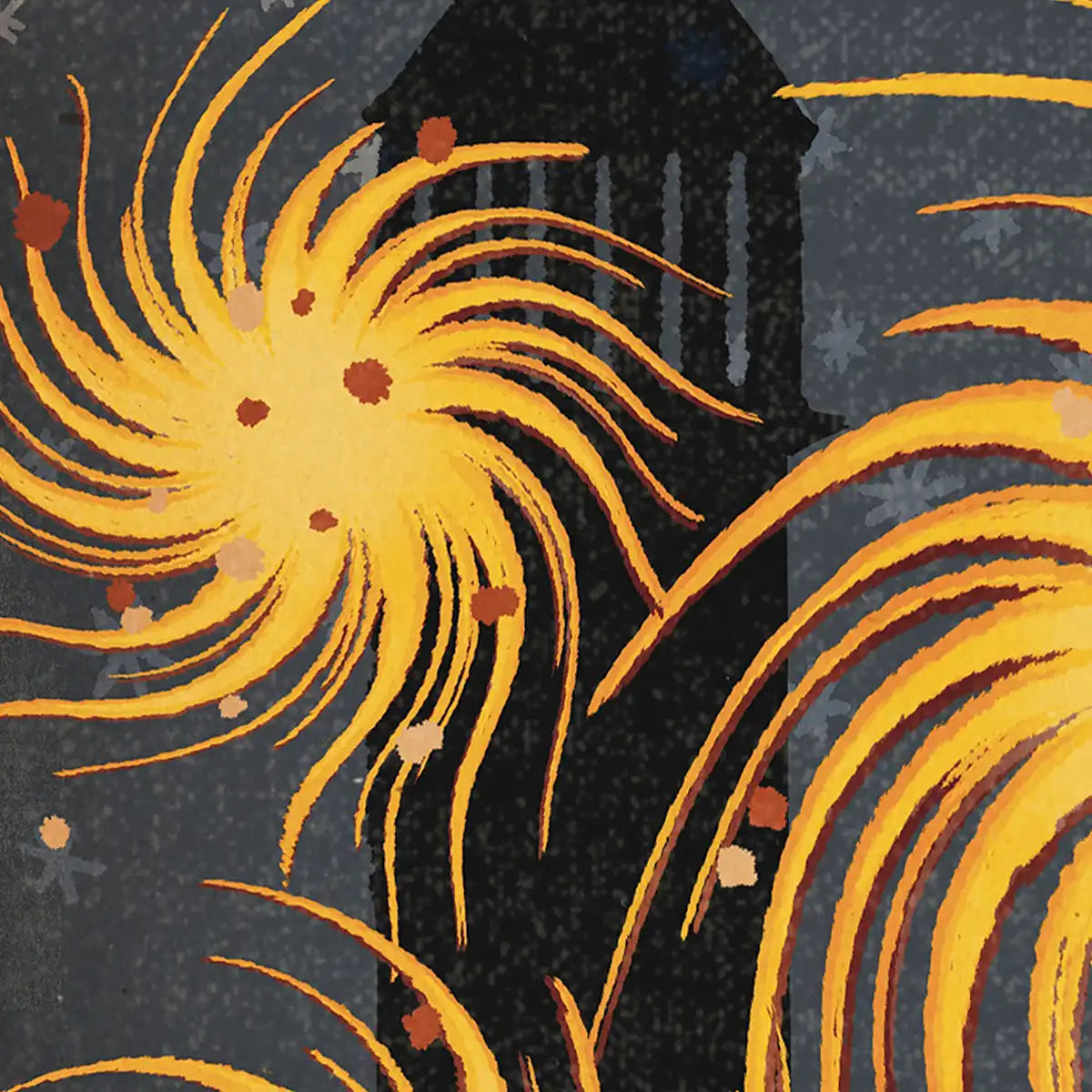 Close-up view showing halftone texture and vibrant yellow bursts over silhouetted building – part of Cha’s Spanish Capsule™ collection.