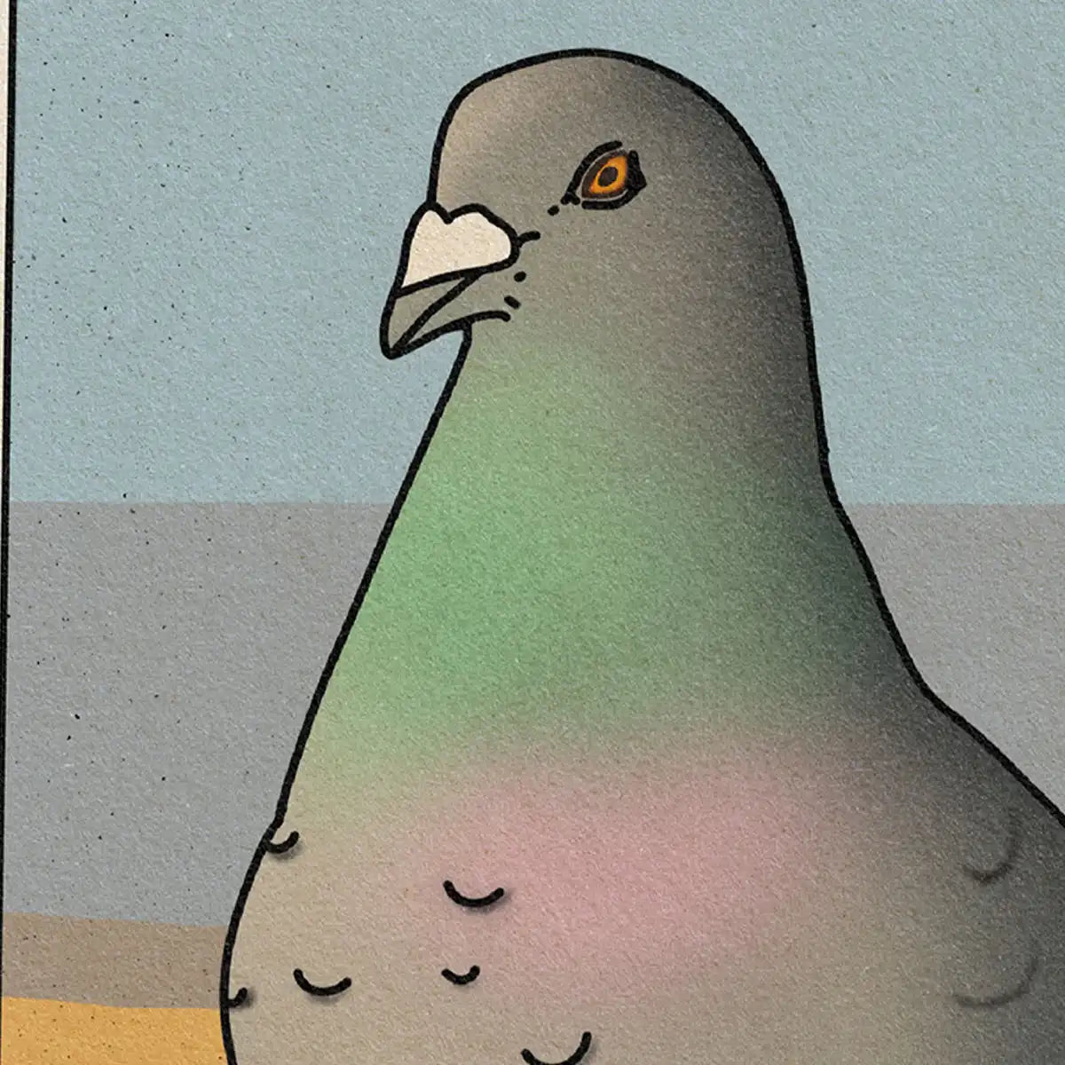 Close-up of El Pájaro vintage art print showing halftone texture and subtle color gradients on the pigeon’s feathers.