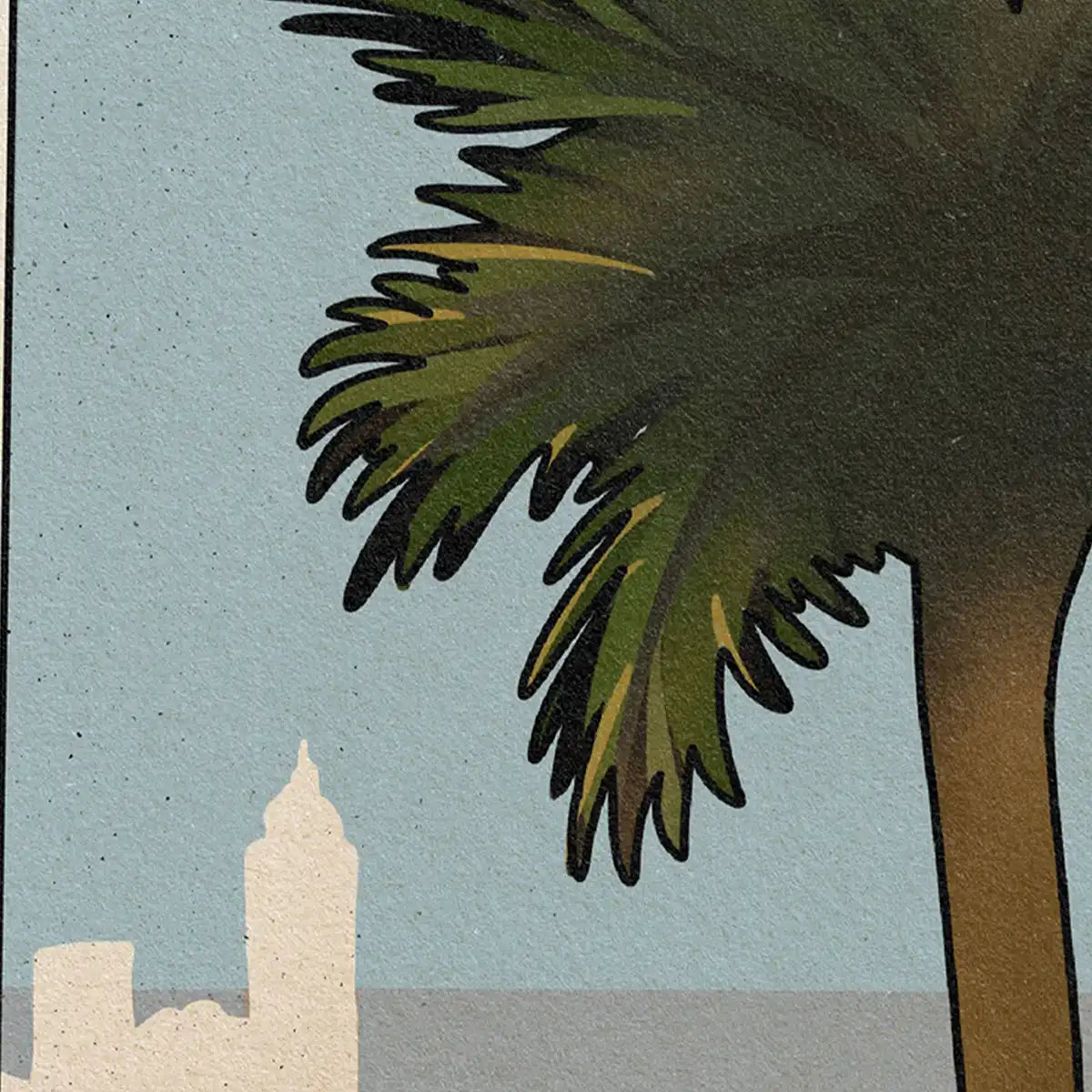 Close-up view of the palm tree illustration on the La Palma poster from the Lotería Sitgetana collection by Cha