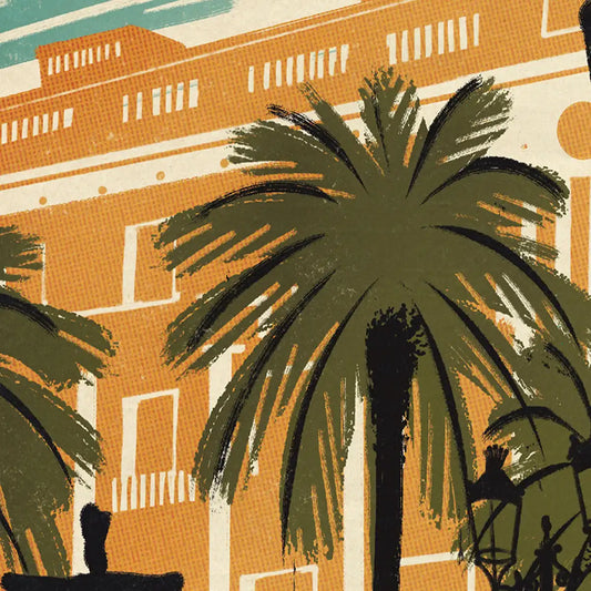 Close-up on palm trees and historic lampposts of Plaça Reial in halftone style