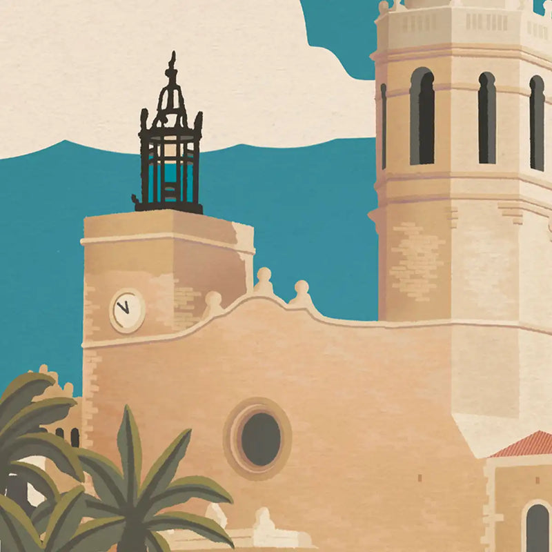 Close-up of Sitges Church’s towers and sky in retro palette with halftone effect – art print by Cha
