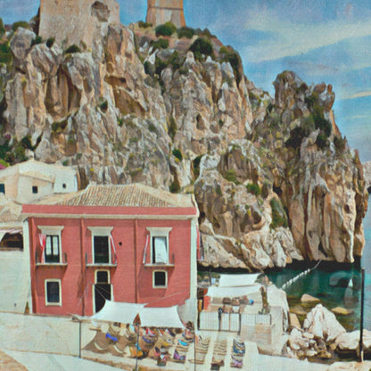 Close-up of the Scopello vintage travel poster, highlighting the fine details of the historic Tonnara, the pink fishermen’s houses, and the rugged Sicilian coastline
